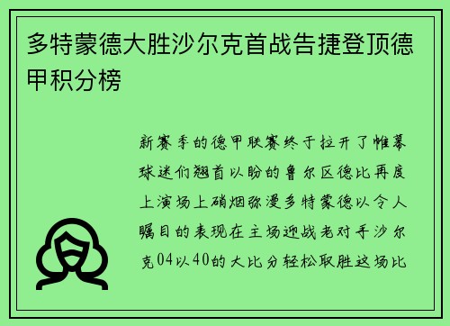 多特蒙德大胜沙尔克首战告捷登顶德甲积分榜